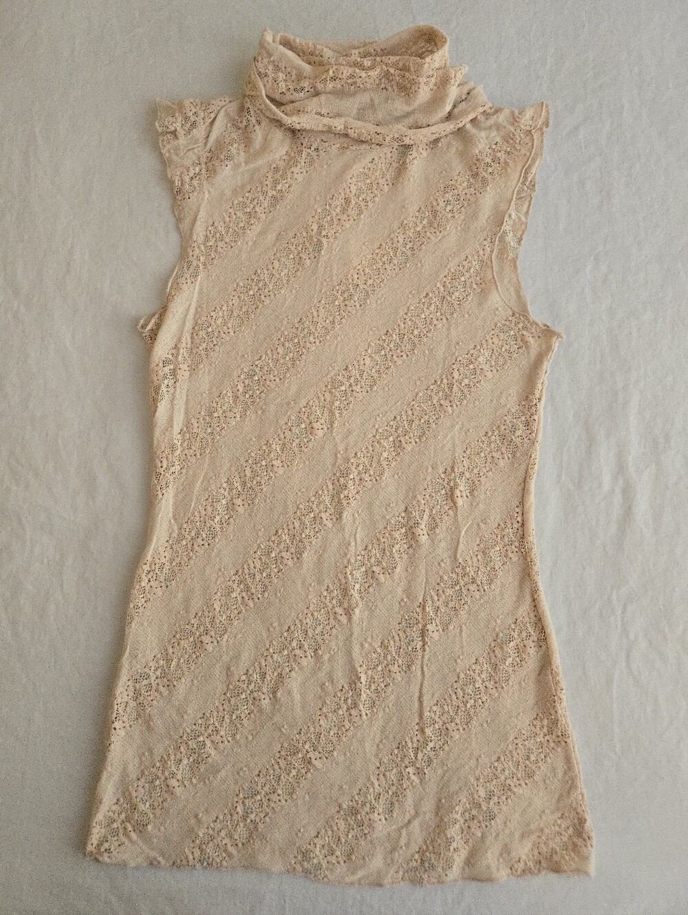 Vintage Twenty One Sheer Stretch Lace Beige Nude Tank Top Turtleneck 90s y2k EB4